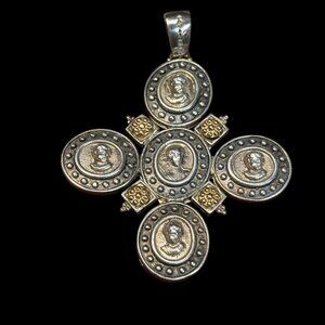 Tagliamonte Sterling Silver & 14K Orthodox Style Cameo Cross Pendant 2 1/2"